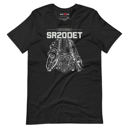 SR20DET Tee, Black Heather flat lay — twin-cam turbo engine line art, Marque automotive apparel