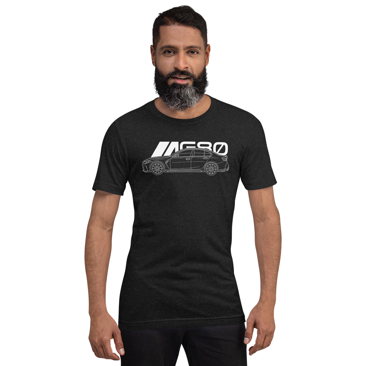 Super Sedan G80 t-shirt, Black Heather front view (2) — Marque automotive apparel