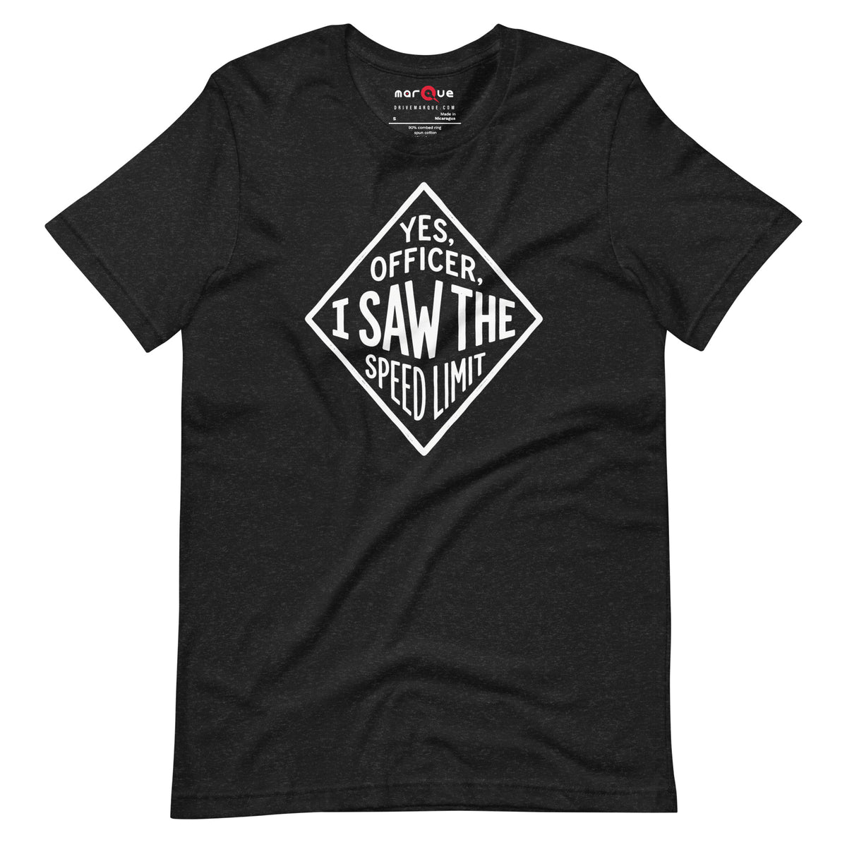 Yes Officer t-shirt in Black Heather — hand-lettered speed limit road sign — Marque automotive apparel