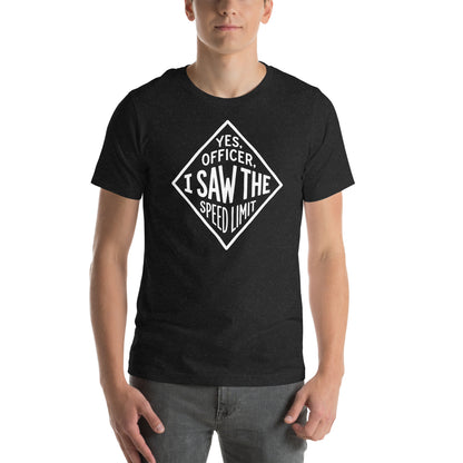 Yes Officer t-shirt in Black Heather, worn — Marque automotive apparel