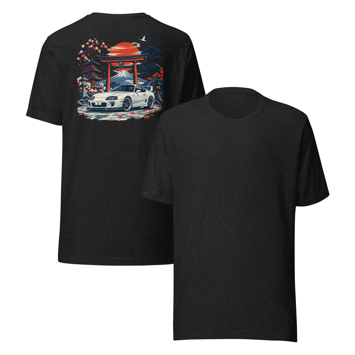 Black Heather A80 tee back and front together, plain front and full back print