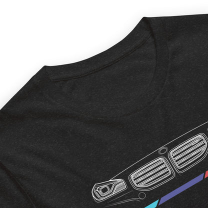 Twin Grille Tee — Tricolor Stripes graphic t-shirt, Black Heather print detail — Marque automotive apparel