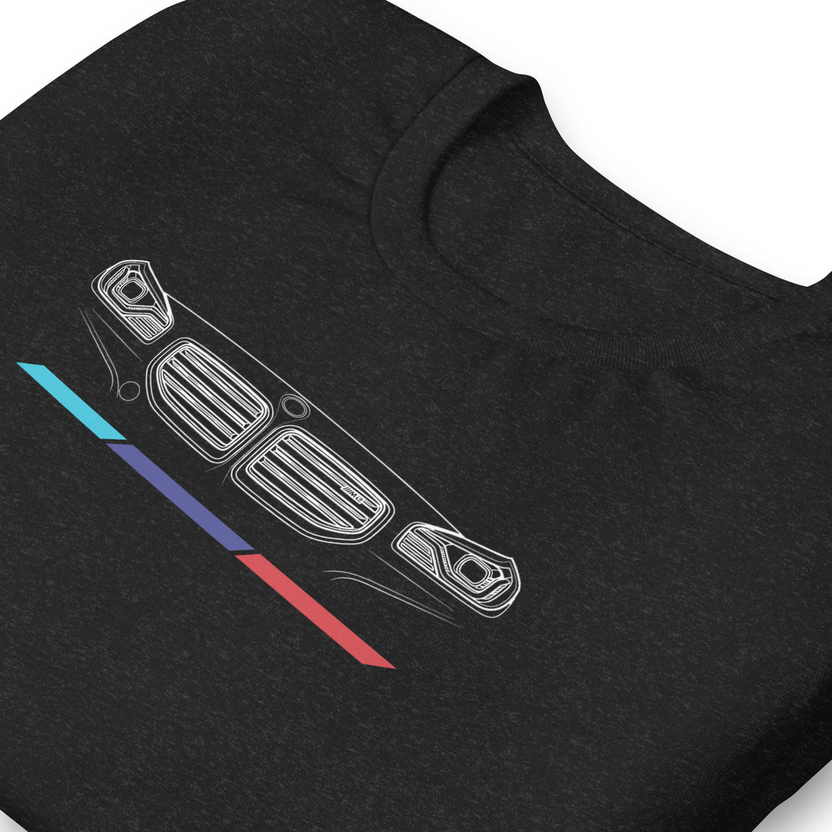 Twin Grille Tee — Tricolor Stripes graphic t-shirt, Black Heather print detail (2) — Marque automotive apparel