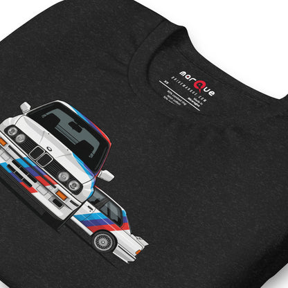 E30 Box Flare Tee — Widebody Icon graphic t-shirt, Black Heather print detail — Marque automotive apparel