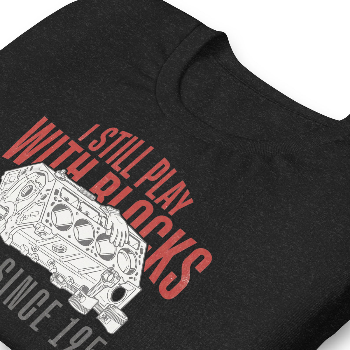 I Still Play With Blocks Tee, Black Heather — front print detail, engine block line art, Marque automotive apparel