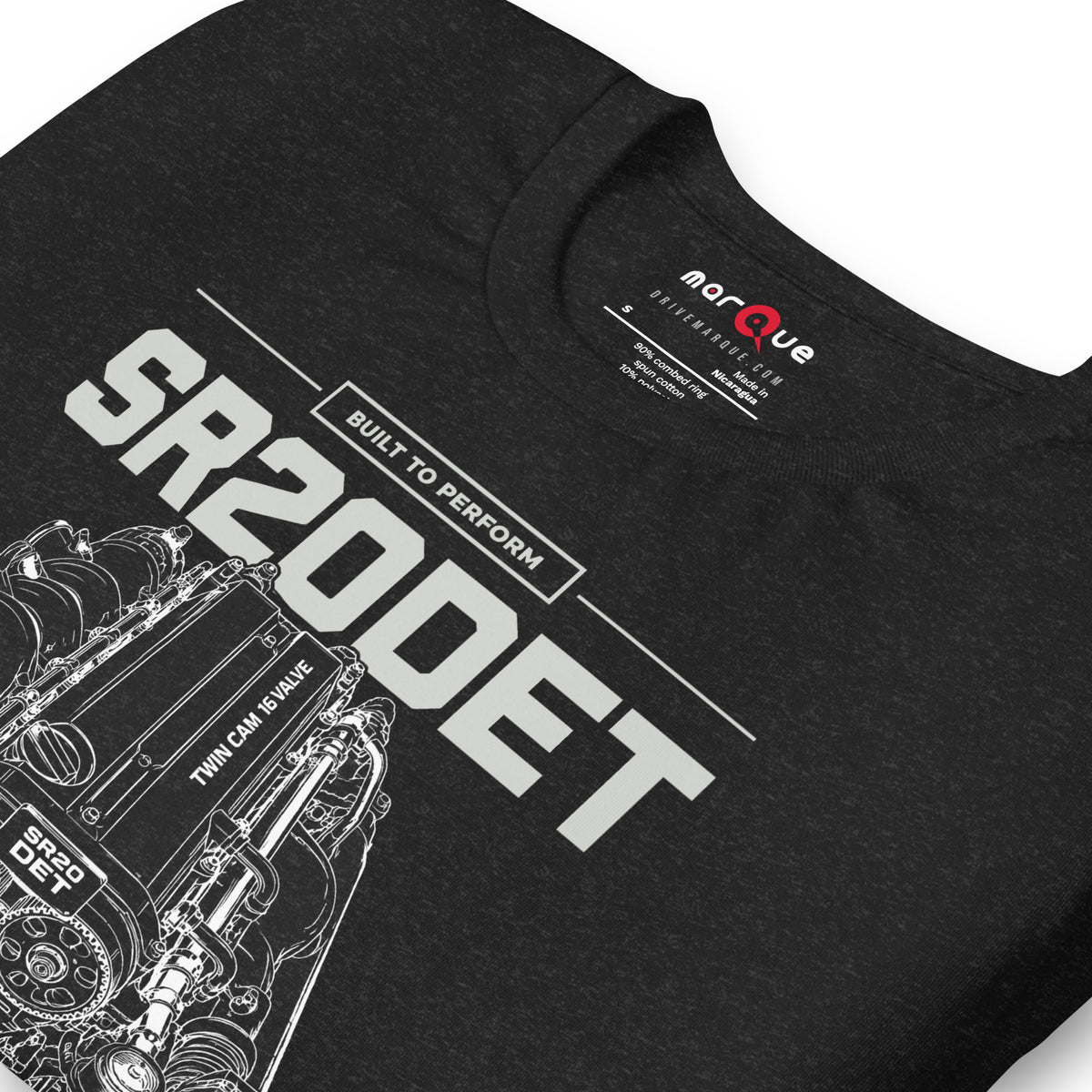 SR20DET Tee, Black Heather print detail — twin-cam turbo engine line art, Marque automotive apparel