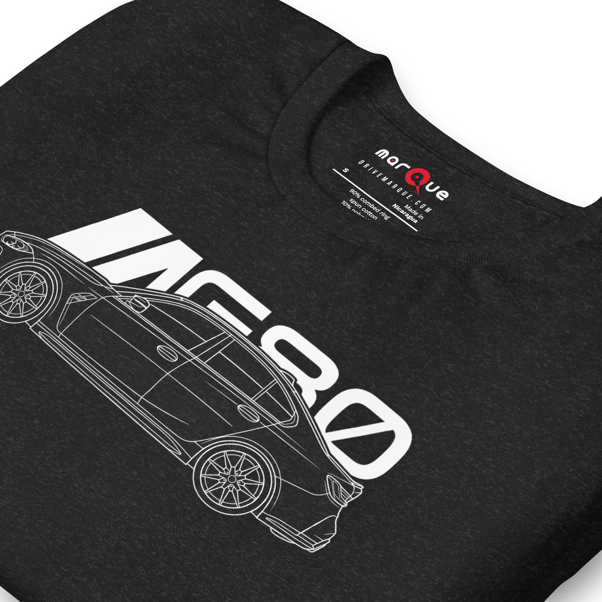 Super Sedan G80 t-shirt, Black Heather print detail — Marque automotive apparel