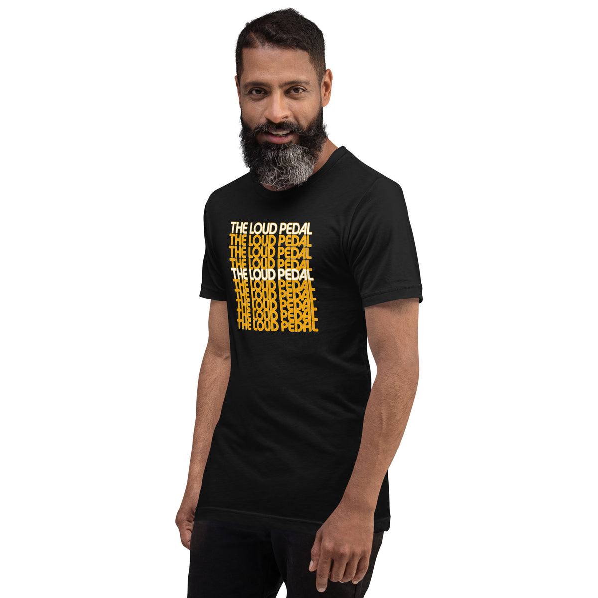 Loud Pedal Tee — Right Foot Down graphic t-shirt, Black angled front view — Marque automotive apparel