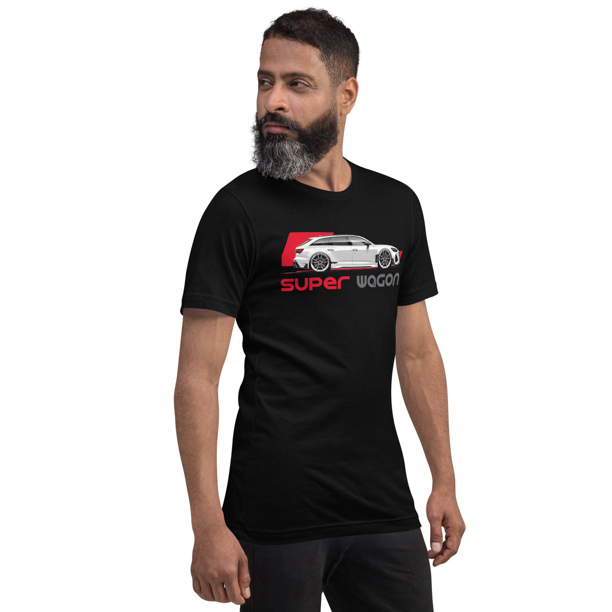 Super Wagon Tee, Black — worn right front three-quarter view, Marque automotive apparel
