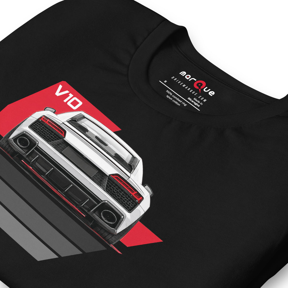 The Sensible Supercar Tee, Black — front print detail, V10 supercar rear view, Marque automotive apparel