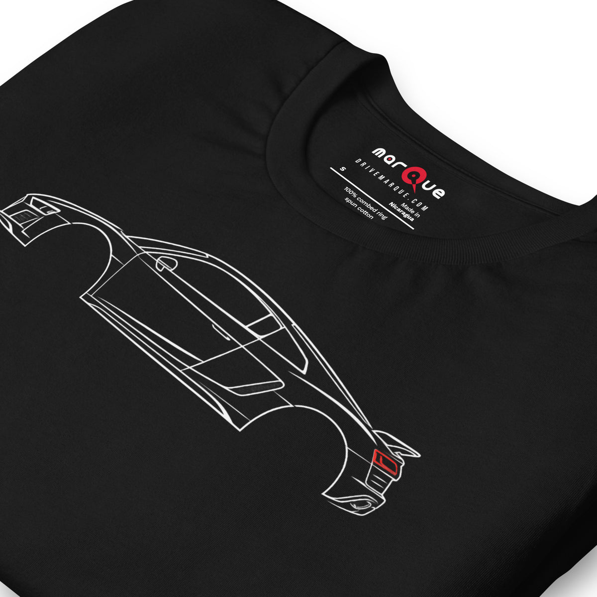 Close-up of the V10 line print on black, showing the wheel arches and rear deck detail