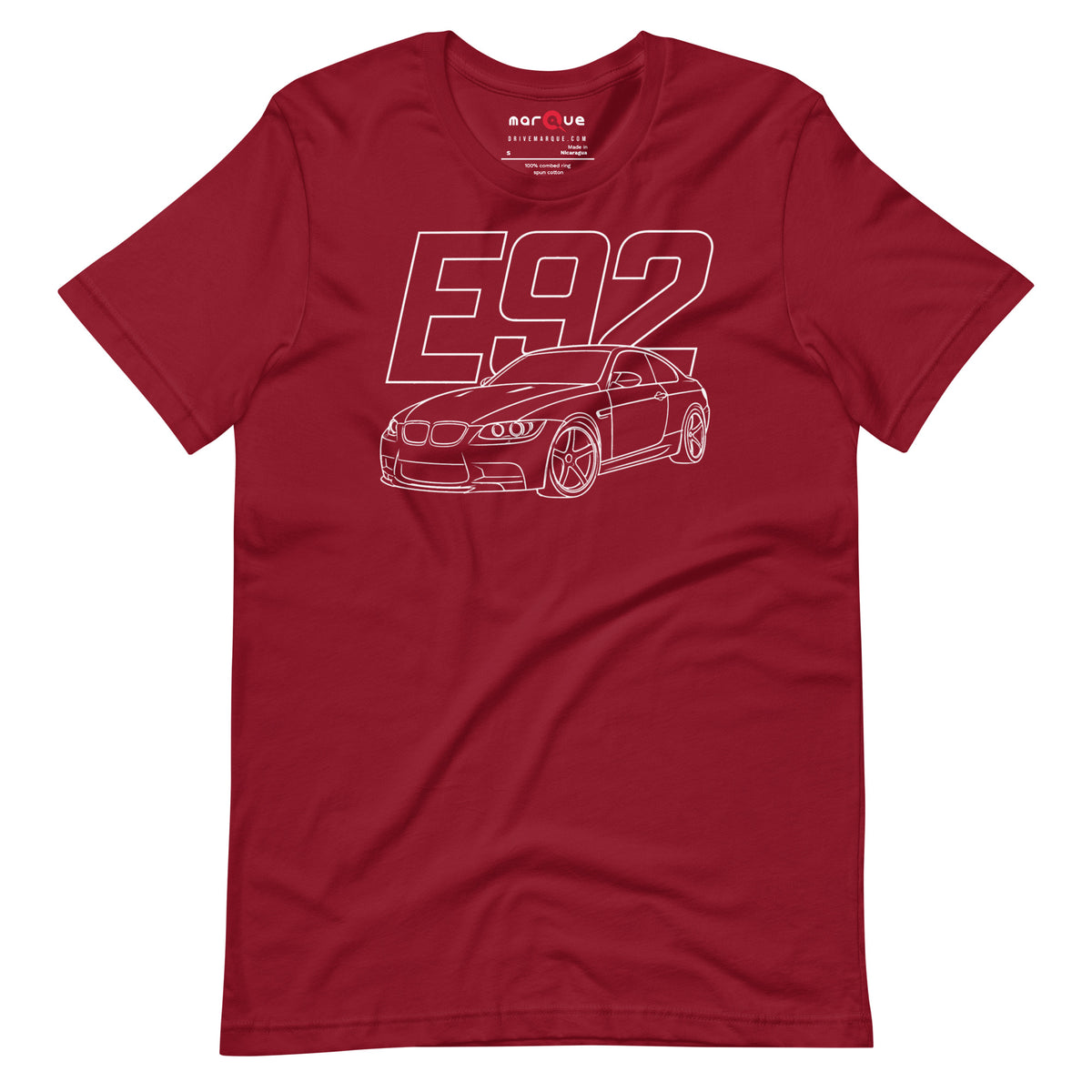 E92 Tee — Naturally Aspirated V8, Cardinal front view — rear three-quarter line study, Marque automotive apparel