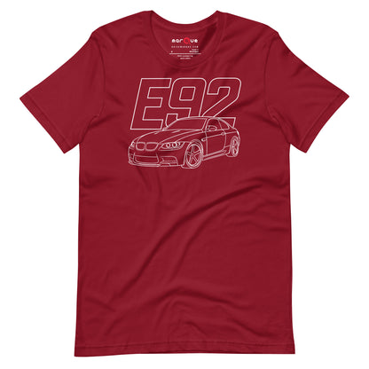 E92 Tee — Naturally Aspirated V8, Cardinal front view — rear three-quarter line study, Marque automotive apparel
