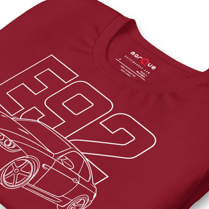 E92 Tee — Naturally Aspirated V8, Cardinal print detail — outlined chassis numerals and quad tips, Marque automotive apparel