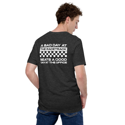 Bad Track Day Tee — Beats the Office graphic t-shirt, Dark Grey Heather back view — Marque automotive apparel