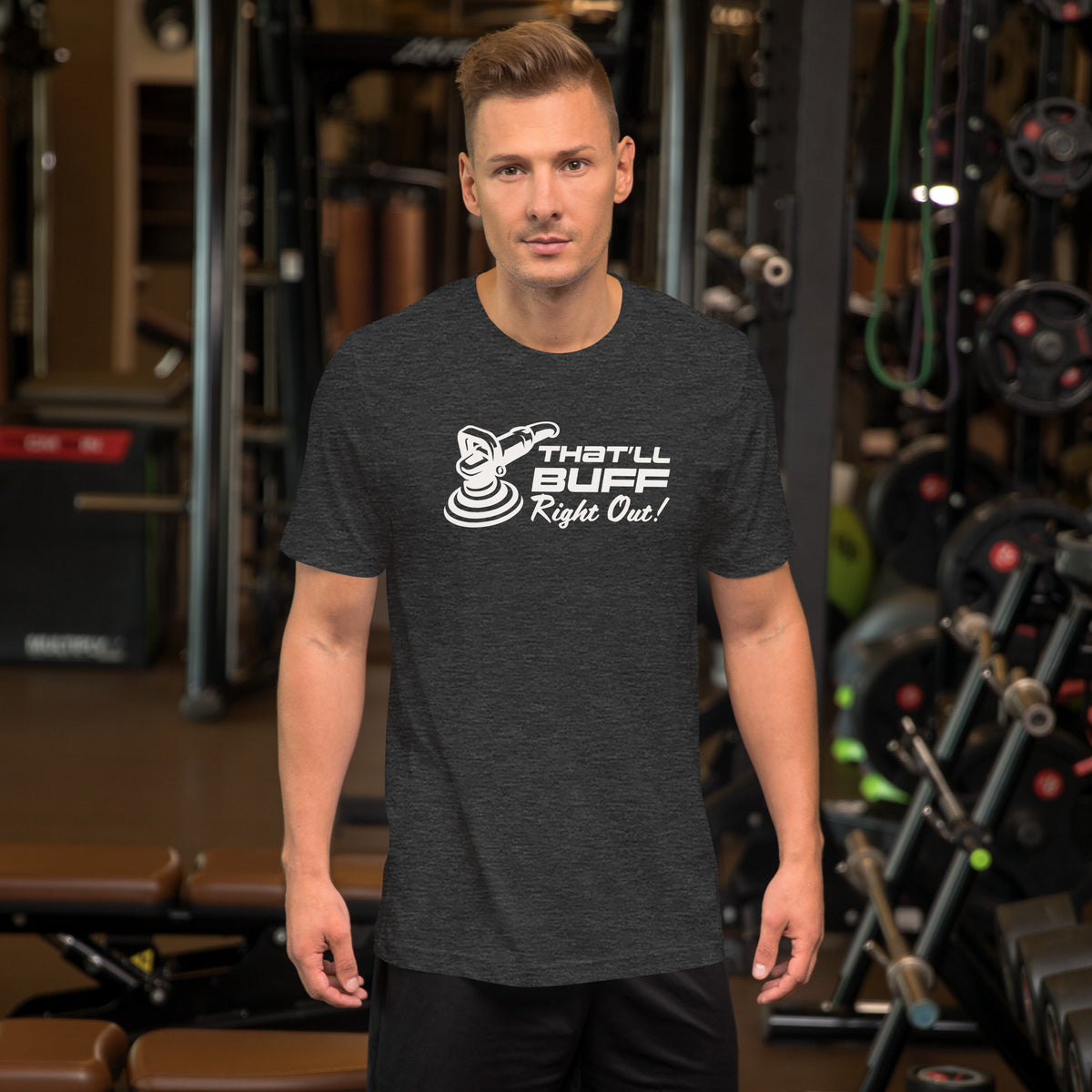 That'll Buff Right Out Tee — Optimism, Applied graphic t-shirt, Dark Grey Heather front view (3) — Marque automotive apparel