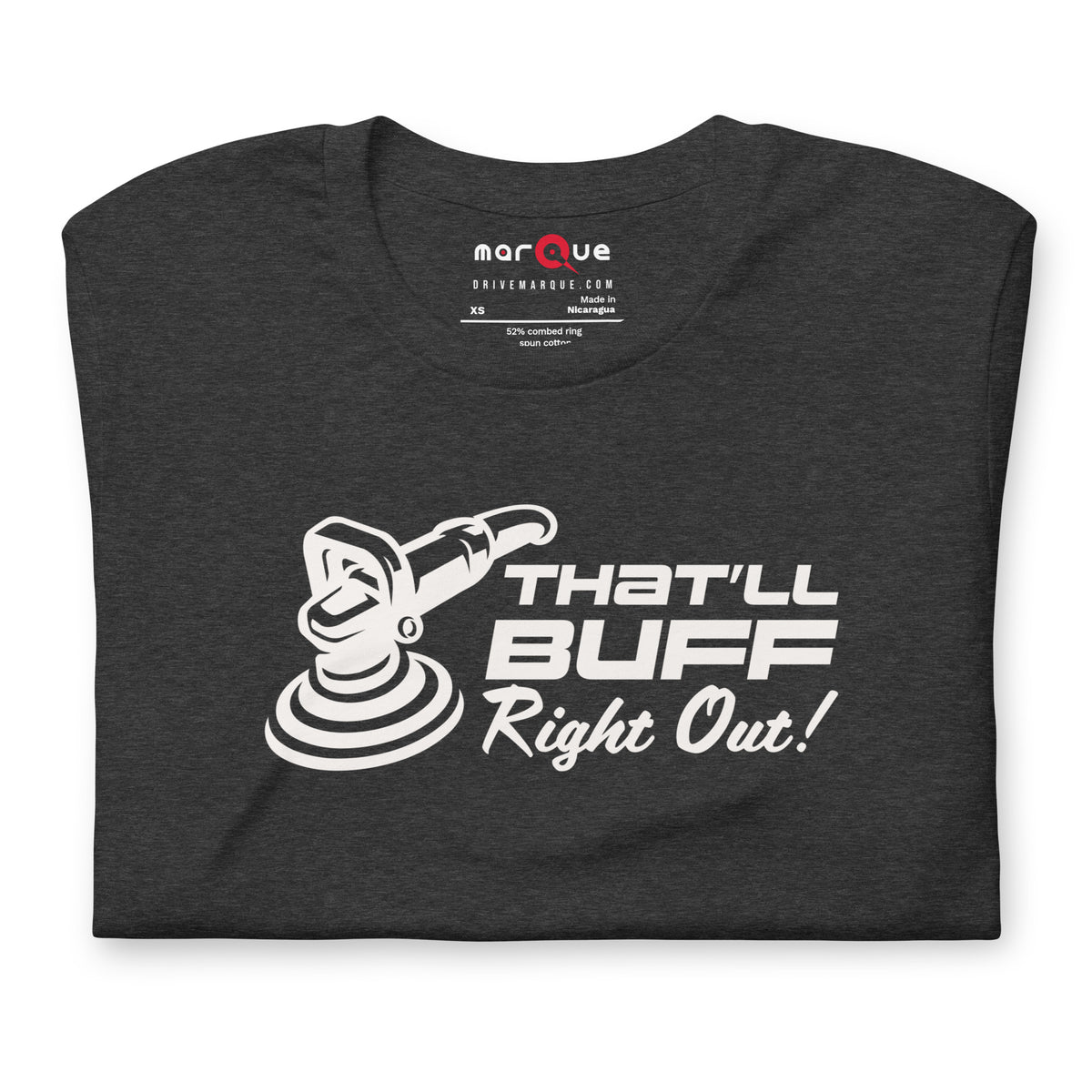 That'll Buff Right Out Tee — Optimism, Applied graphic t-shirt, Dark Grey Heather front view (2) — Marque automotive apparel