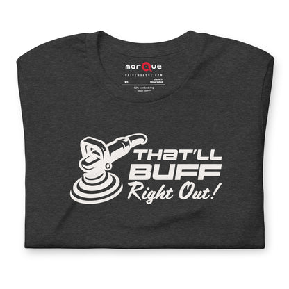 That'll Buff Right Out Tee — Optimism, Applied graphic t-shirt, Dark Grey Heather front view (2) — Marque automotive apparel