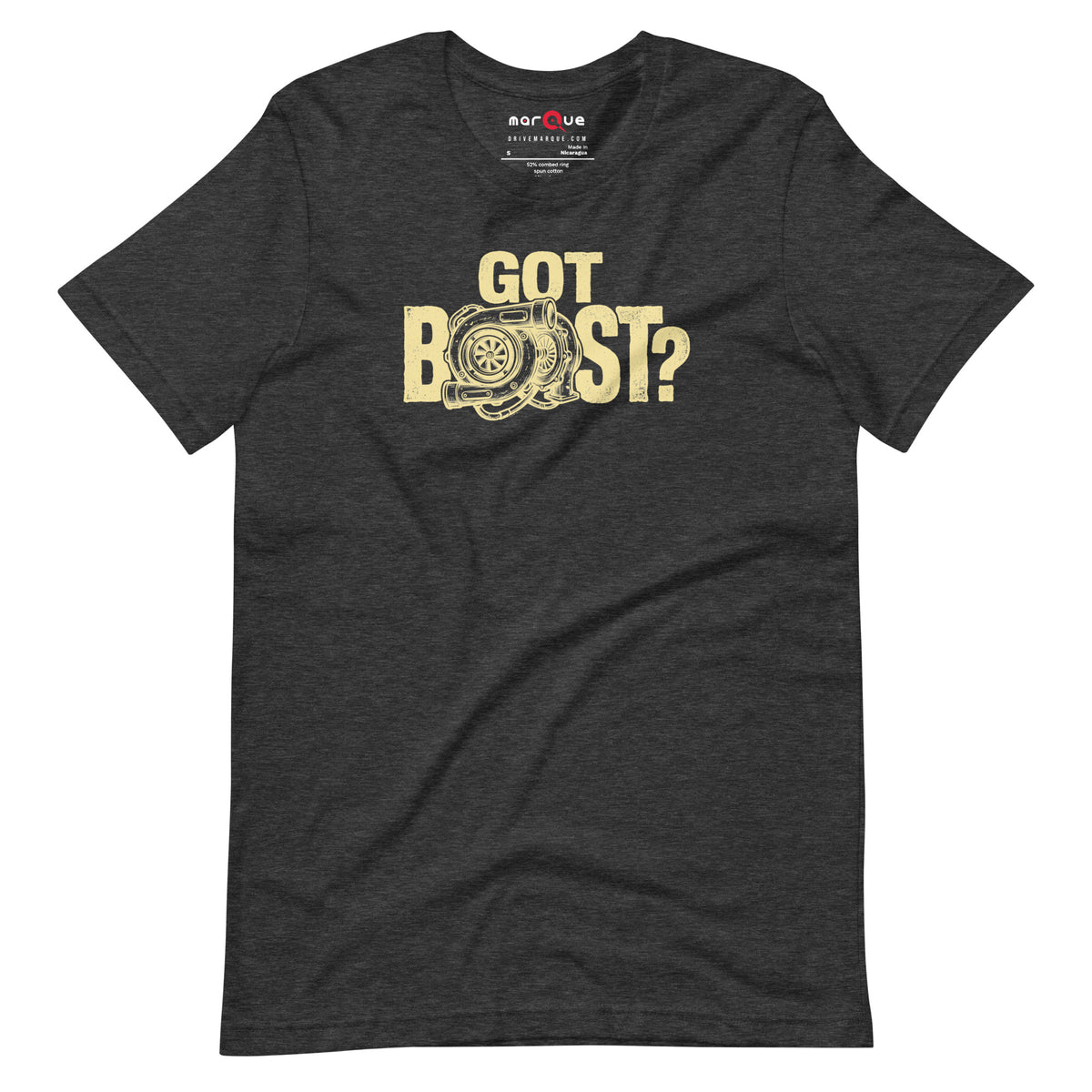 Got Boost tee, Dark Grey Heather front view — Marque automotive apparel