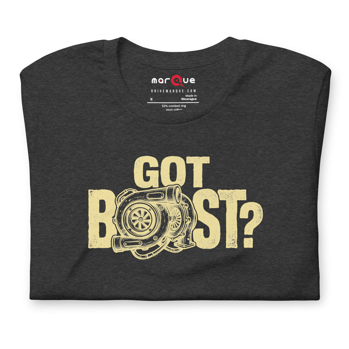 Got Boost tee, Dark Grey Heather front view — Marque automotive apparel (2)