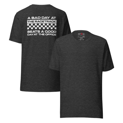 Bad Track Day Tee — Beats the Office graphic t-shirt, Dark Grey Heather front and back — Marque automotive apparel