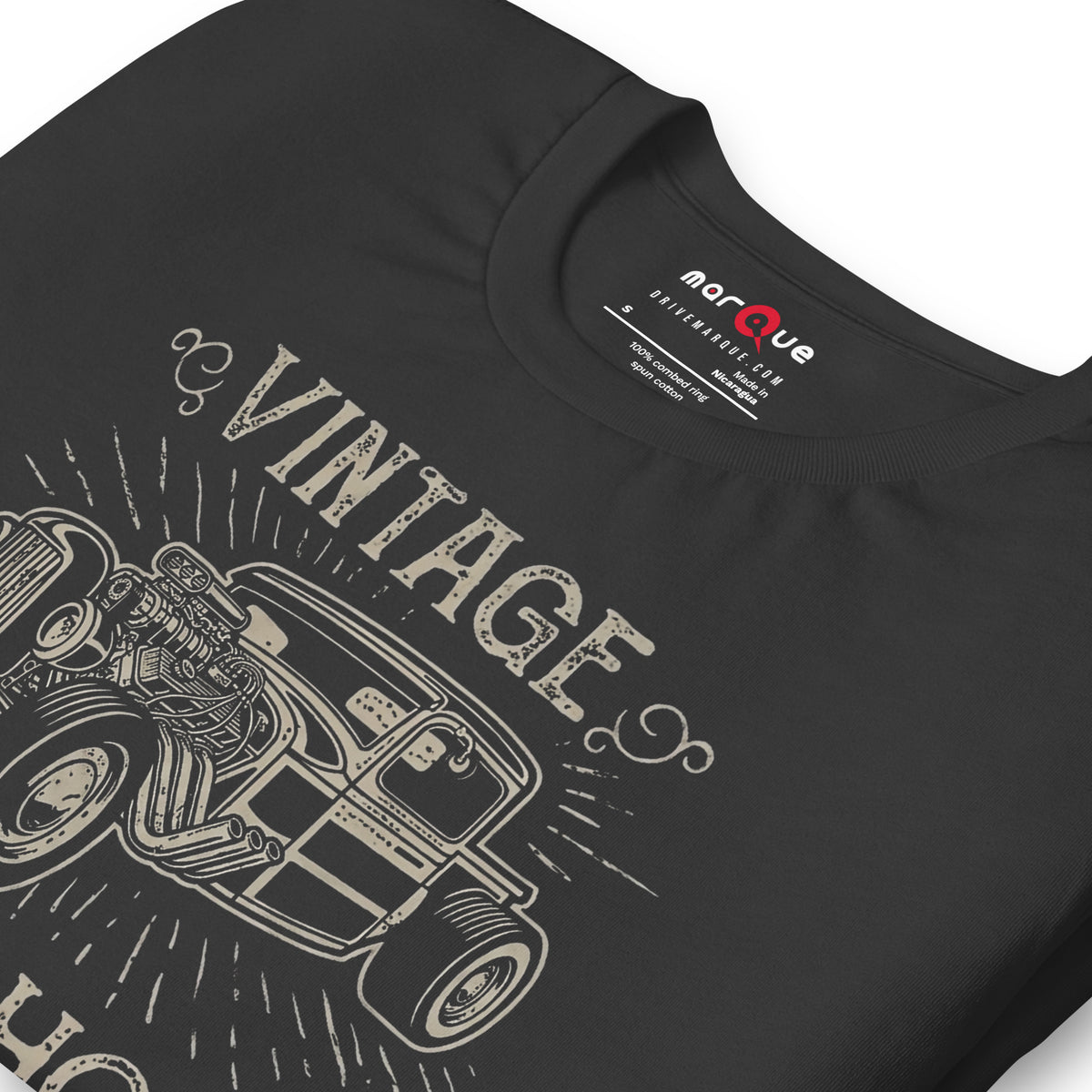 Hotrod Garage tee, Dark Grey print detail — Marque automotive apparel