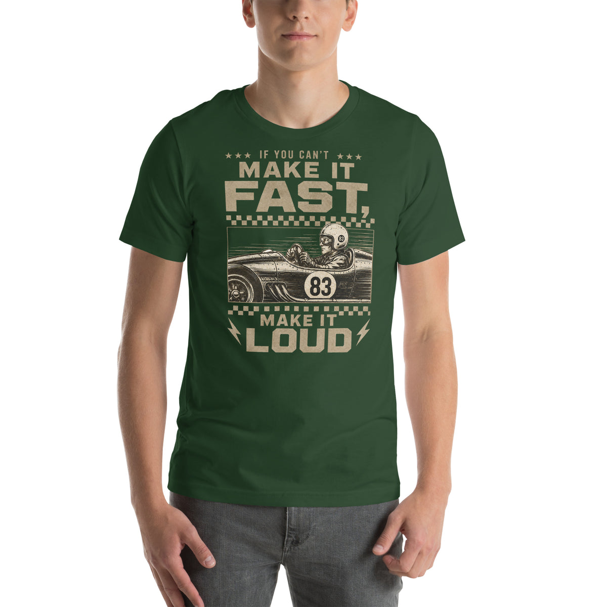 Can't Make It Fast, Make It Loud Tee, Forest front view (2) — Marque automotive apparel