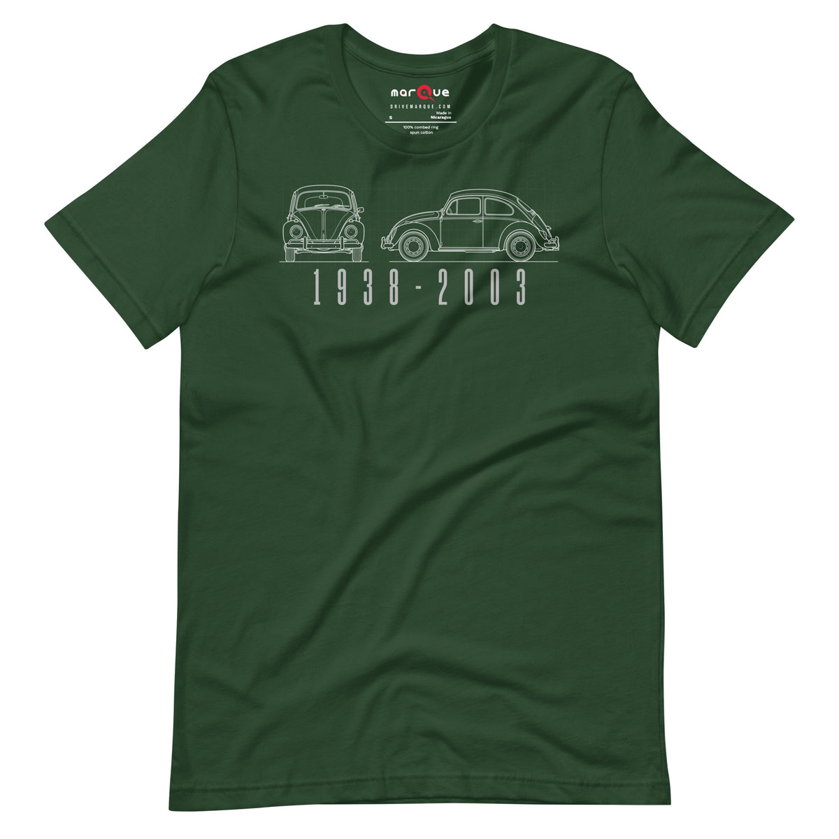 The Original Bug Tee, Forest front view — air-cooled bug blueprint line art, Marque automotive apparel