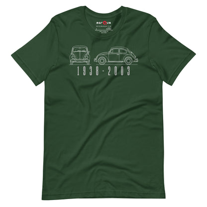 The Original Bug Tee, Forest front view — air-cooled bug blueprint line art, Marque automotive apparel