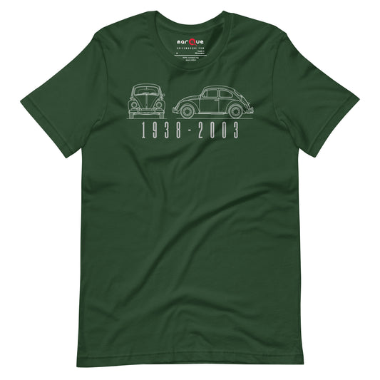 The Original Bug Tee, Forest front view — air-cooled bug blueprint line art, Marque automotive apparel