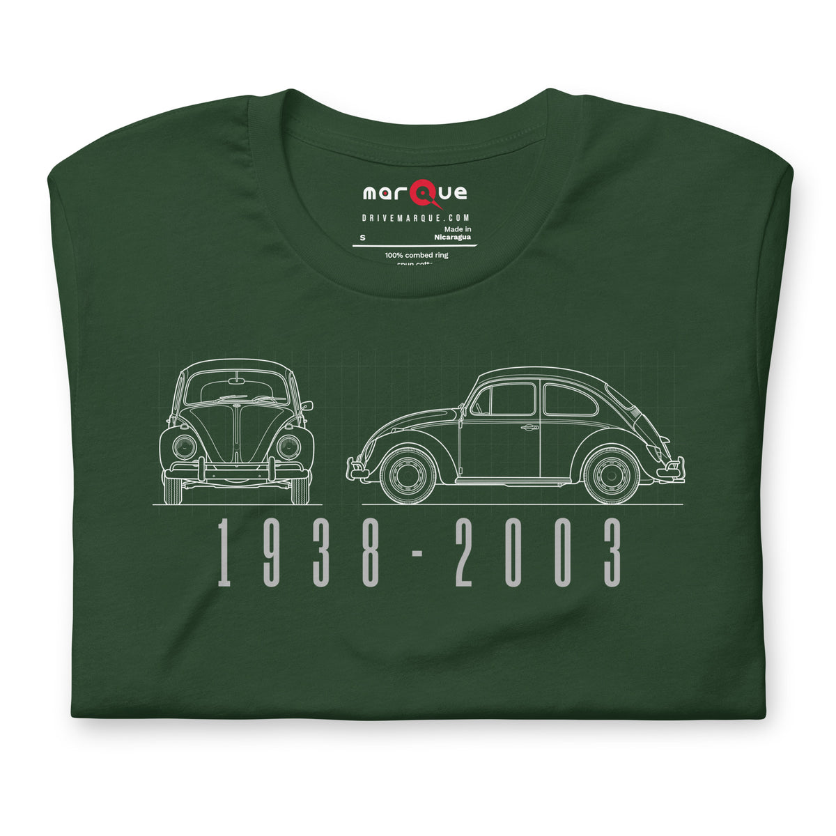 The Original Bug Tee, Forest — folded flat lay, front print detail, Marque automotive apparel