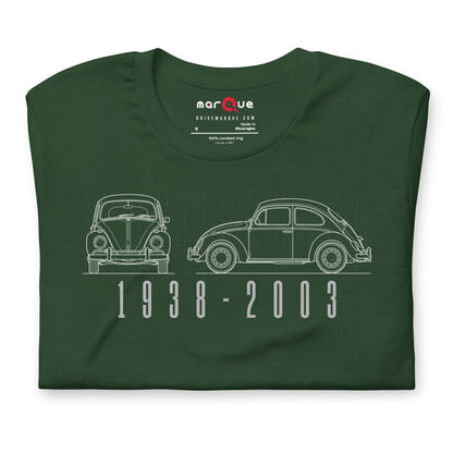 The Original Bug Tee, Forest — folded flat lay, front print detail, Marque automotive apparel