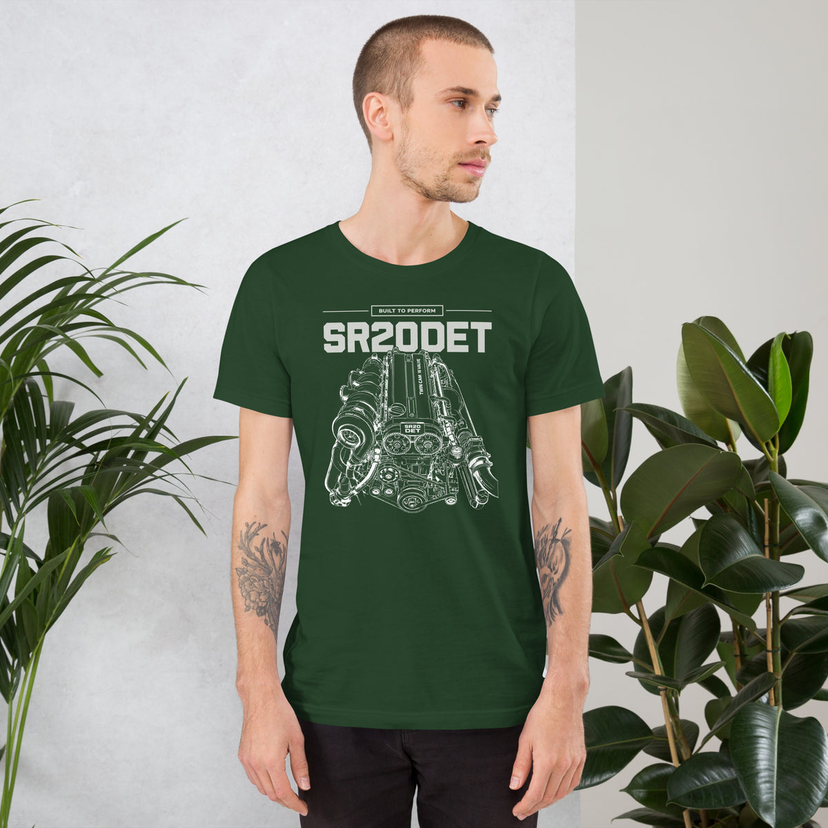 SR20DET Tee, Forest front view — twin-cam turbo engine line art, Marque automotive apparel