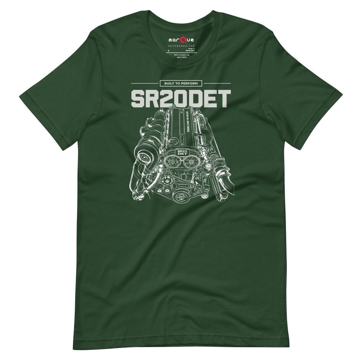 SR20DET Tee, Forest flat lay — twin-cam turbo engine line art, Marque automotive apparel