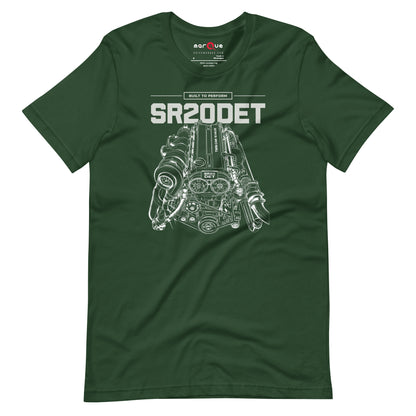 SR20DET Tee, Forest flat lay — twin-cam turbo engine line art, Marque automotive apparel