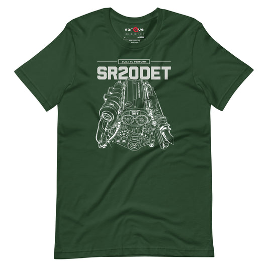 SR20DET Tee, Forest flat lay — twin-cam turbo engine line art, Marque automotive apparel