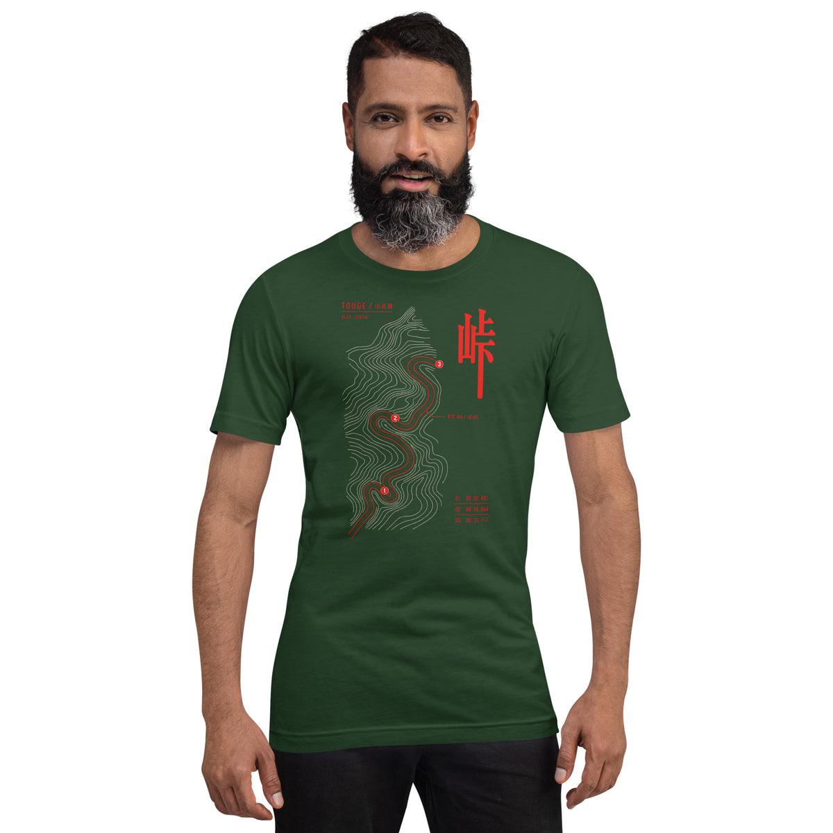 Forest green touge tee worn front-on, contour map centred on the chest
