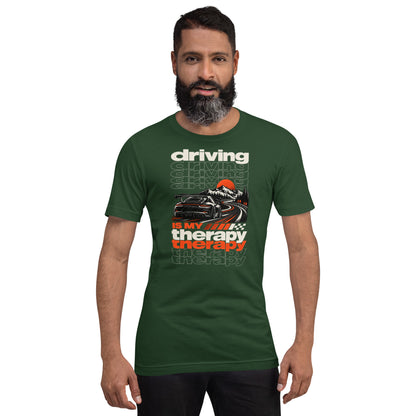 Forest green driving is my therapy tee worn front-on