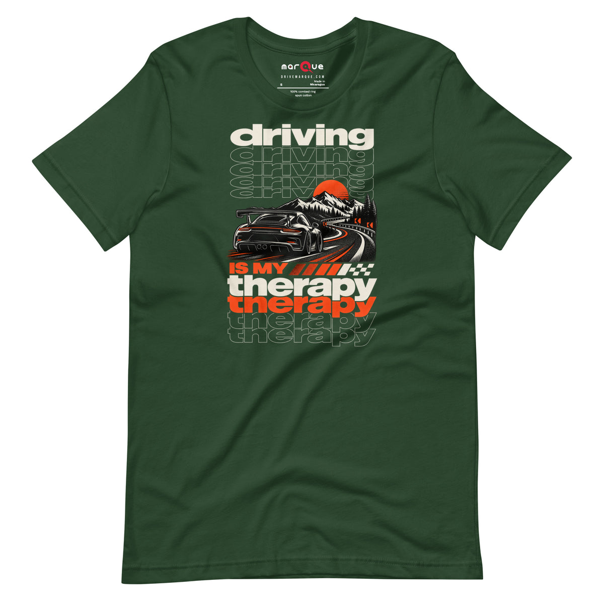 Forest green driving is my therapy t-shirt — mountains, orange sun and guardrail behind the car