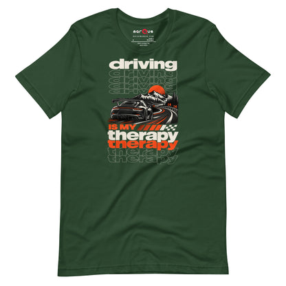 Forest green driving is my therapy t-shirt — mountains, orange sun and guardrail behind the car