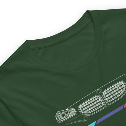 Twin Grille Tee — Tricolor Stripes graphic t-shirt, Forest print detail — Marque automotive apparel