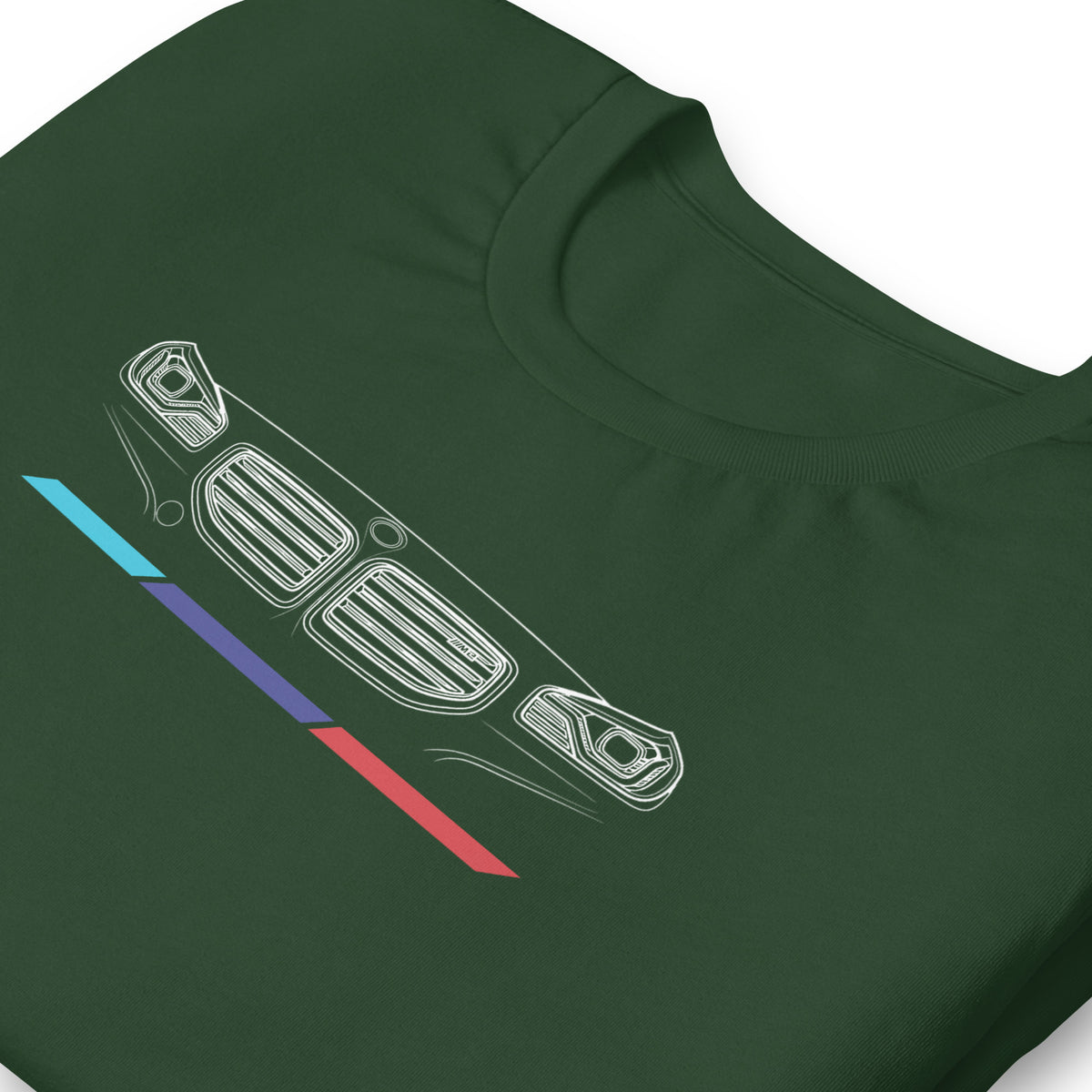 Twin Grille Tee — Tricolor Stripes graphic t-shirt, Forest print detail (2) — Marque automotive apparel