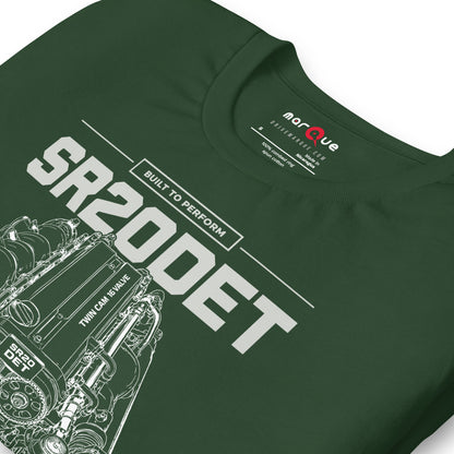 SR20DET Tee, Forest print detail — twin-cam turbo engine line art, Marque automotive apparel