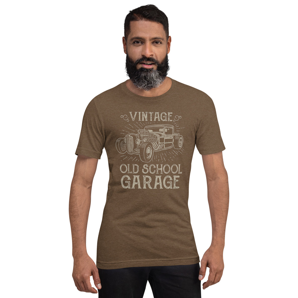 Hotrod Garage tee, Heather Brown front view — Marque automotive apparel (2)