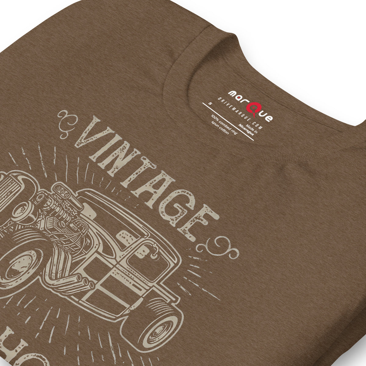 Hotrod Garage tee, Heather Brown print detail — Marque automotive apparel