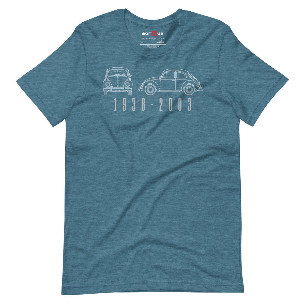The Original Bug Tee, Heather Deep Teal front view — air-cooled bug blueprint line art, Marque automotive apparel