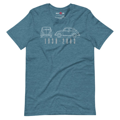 The Original Bug Tee, Heather Deep Teal front view — air-cooled bug blueprint line art, Marque automotive apparel