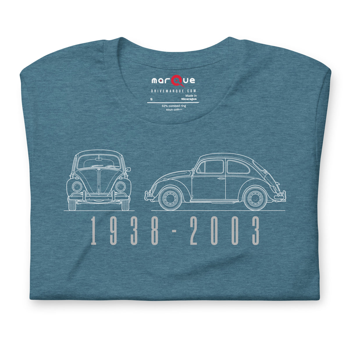 The Original Bug Tee, Heather Deep Teal — folded flat lay, front print detail, Marque automotive apparel