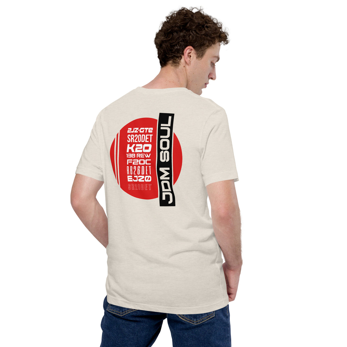JDM Engine Icons Tee — The Code Sheet graphic t-shirt, Heather Dust back view — Marque automotive apparel