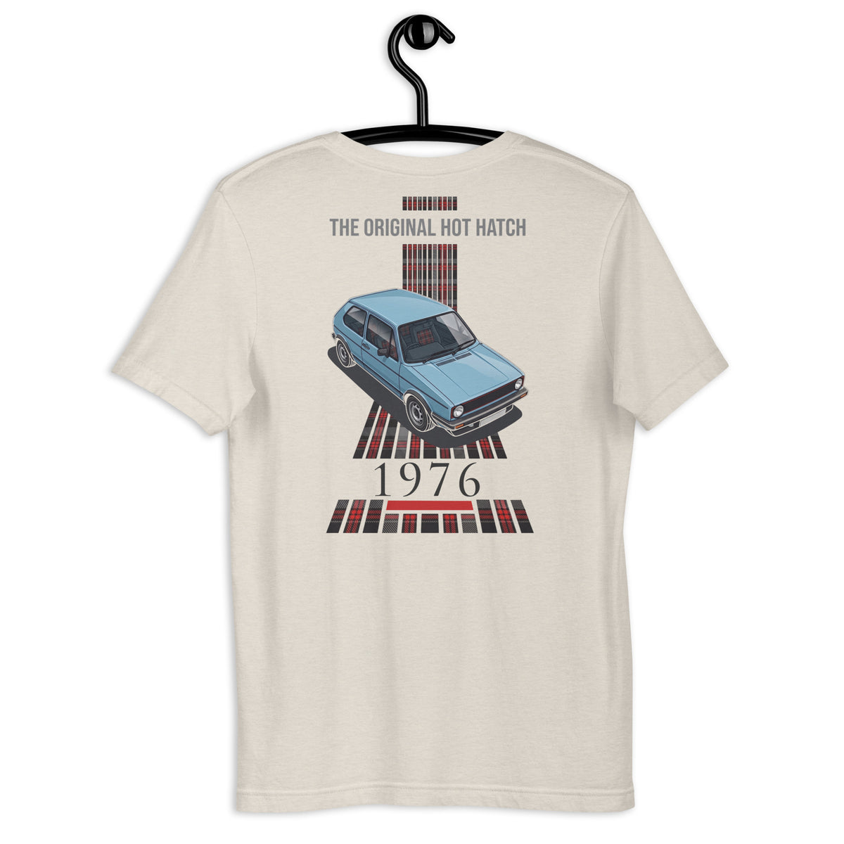 1976 Original Hot Hatch Tee — The Blueprint graphic t-shirt, Heather Dust back view (2) — Marque automotive apparel
